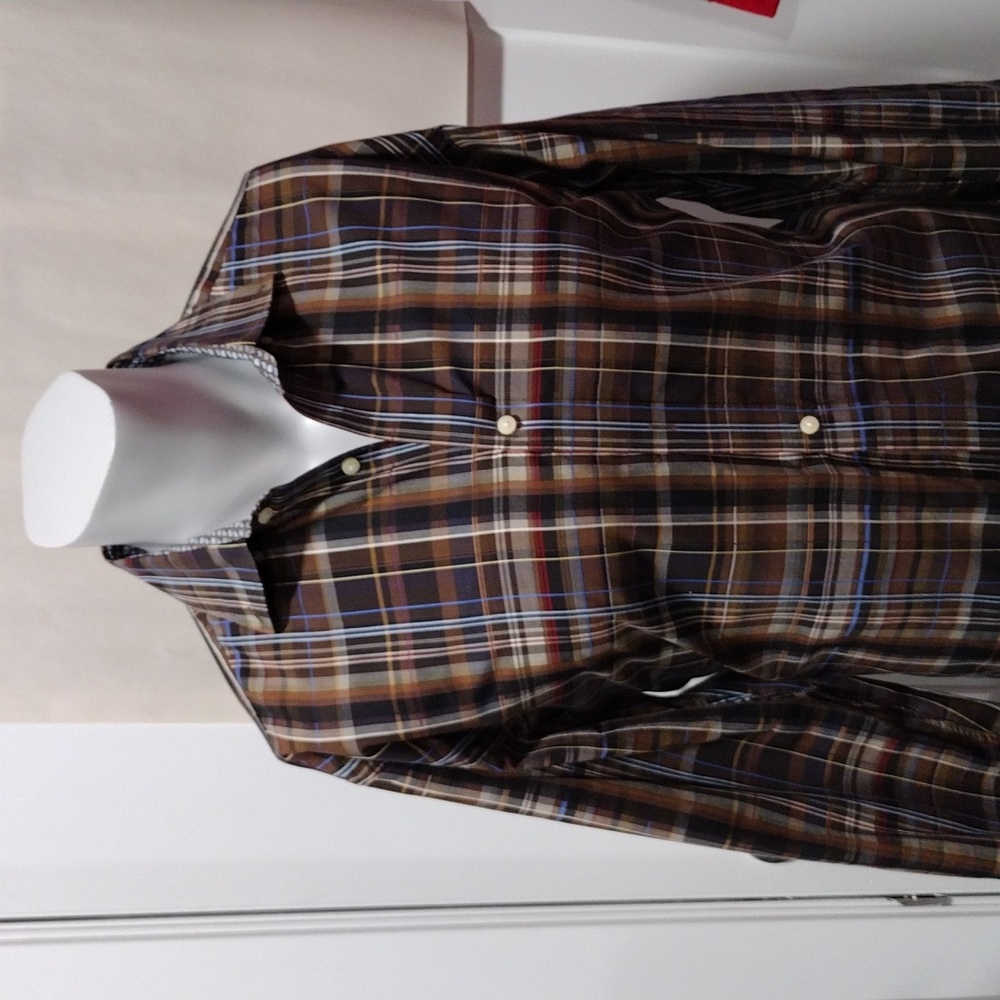 Thomas Dean mens brown plaid cotton shirt. Large. Mint condition
